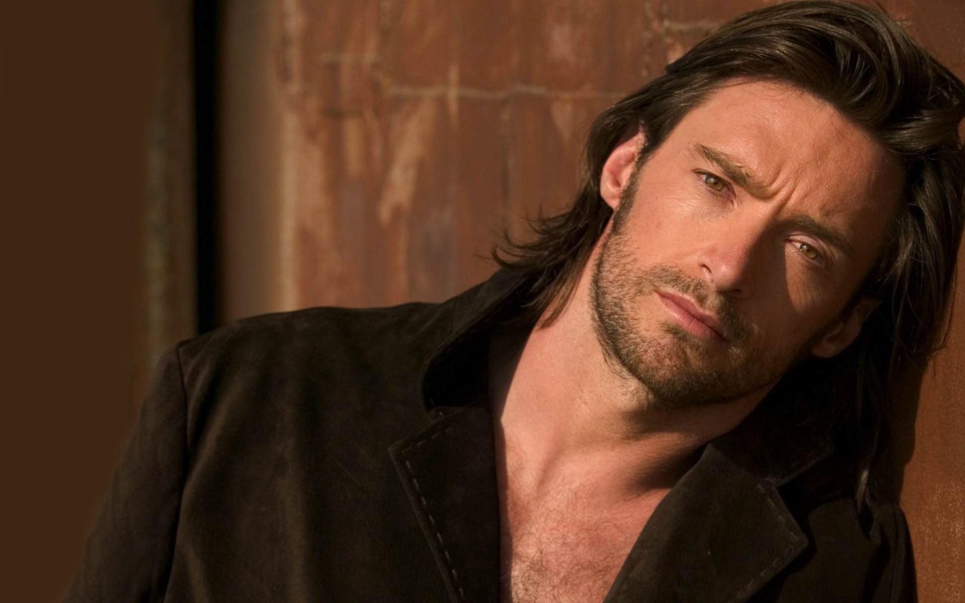 men actor hugh jackman brown jacket frown long hair