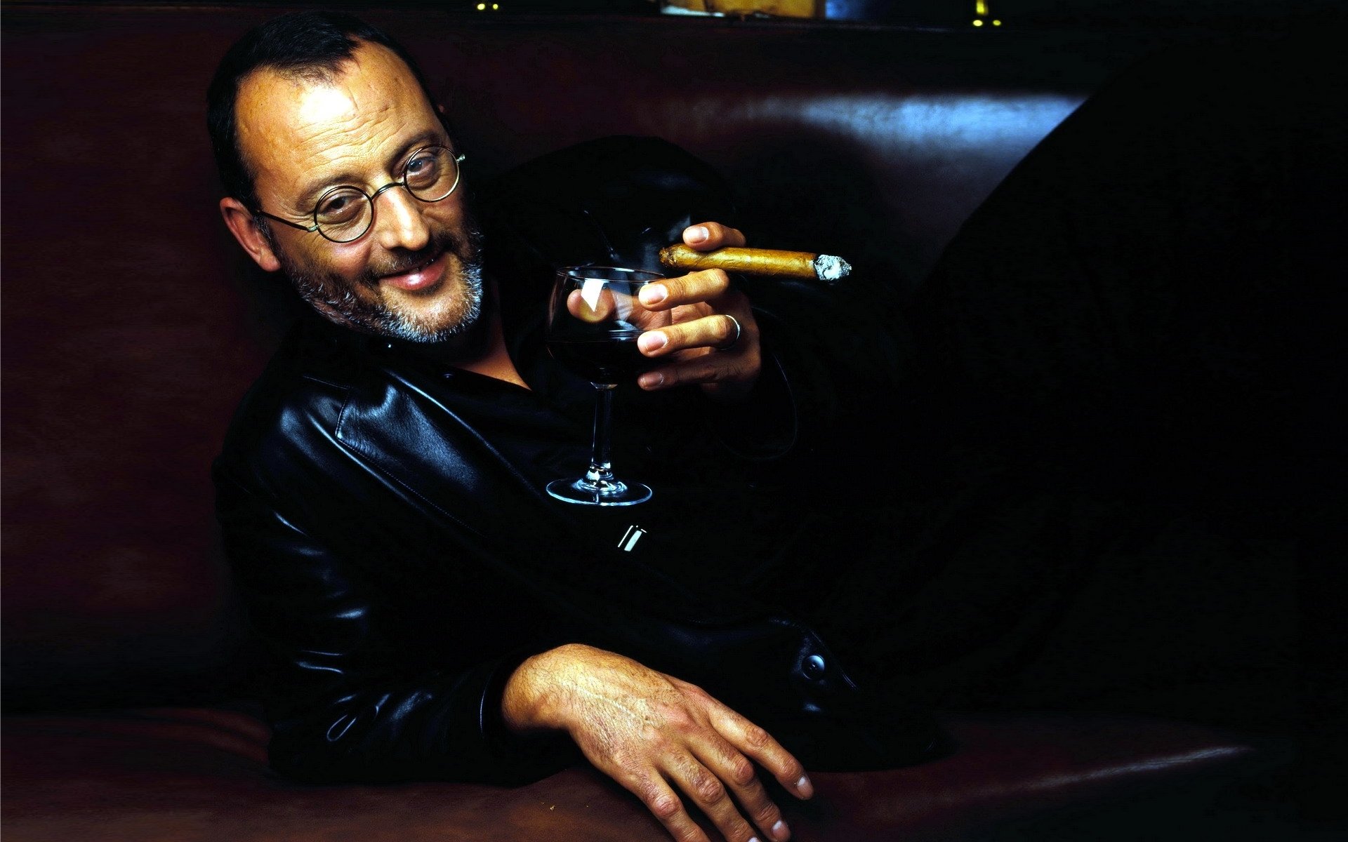 jean reno men face sunglasses bristles glass of wine cigar