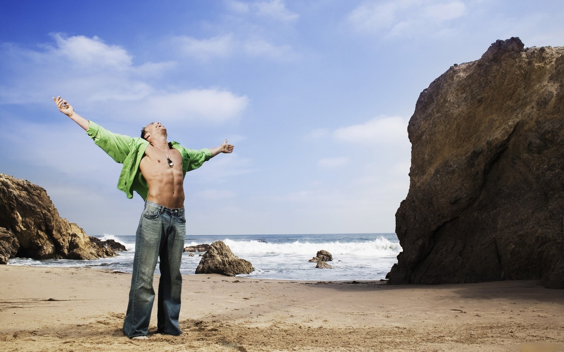 man rocks men sand macho sea torso