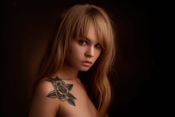 Pretty woman in a tattoo on a black wall background