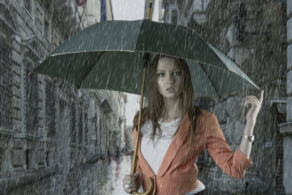 Confused girl under an umbrella in the rain