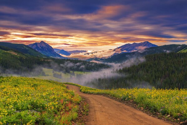 Campos de niebla a la hora del atardecer