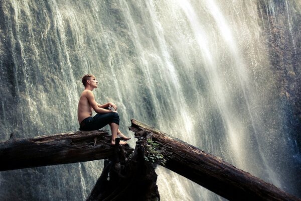 Un gars assis sur un arbre près d une cascade