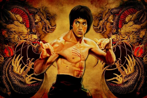Karate leggenda Bruce Lee sullo sfondo di draghi
