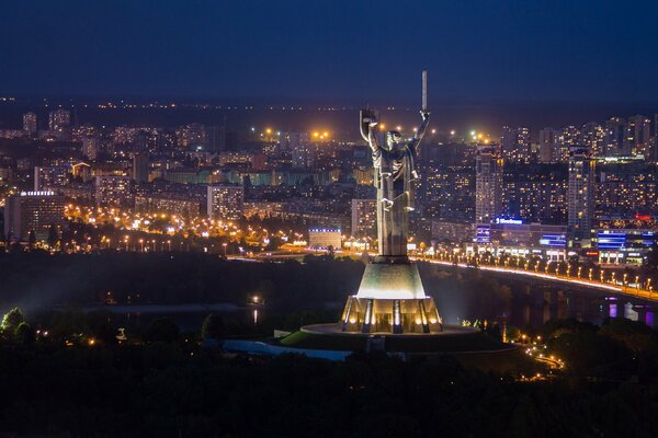 Night city. Sculpture Motherland Mother