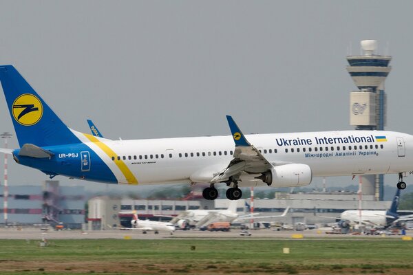 The plane of Ukraine is landing at the airport