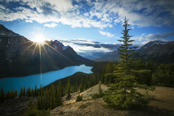 Sole sulle montagne e lago in un parco in Alberta, Canada