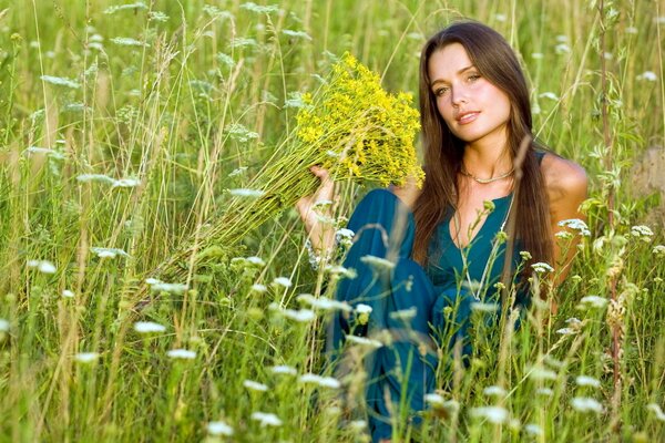 Schönes Mädchen posiert im Feld mit Blumen