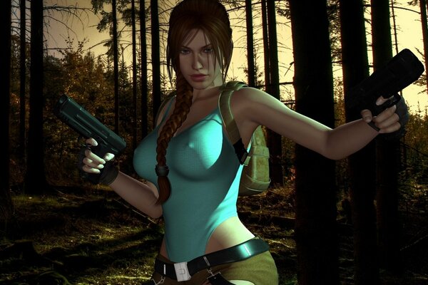 Lara Croft con pistolas en ambas manos contra un bosque oscuro