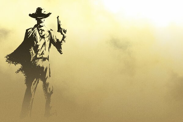 Silhouette de cow-Boy avec revolver dans la poussière