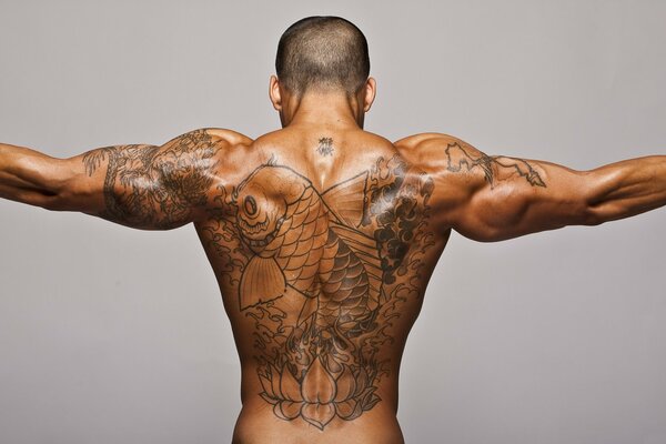 Tatouage en forme de poisson sur le dos en relief d un homme