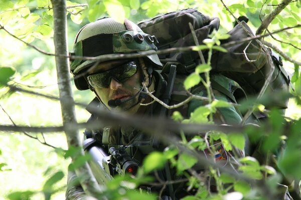 Soldado en el bosque detrás de las ramas