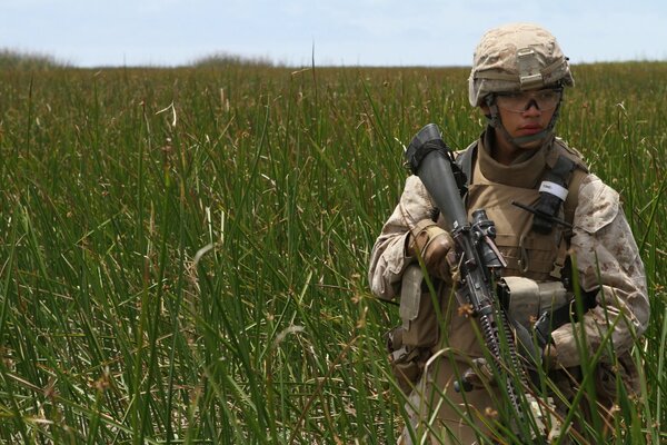 Soldat dans un champ avec un fusil d assaut