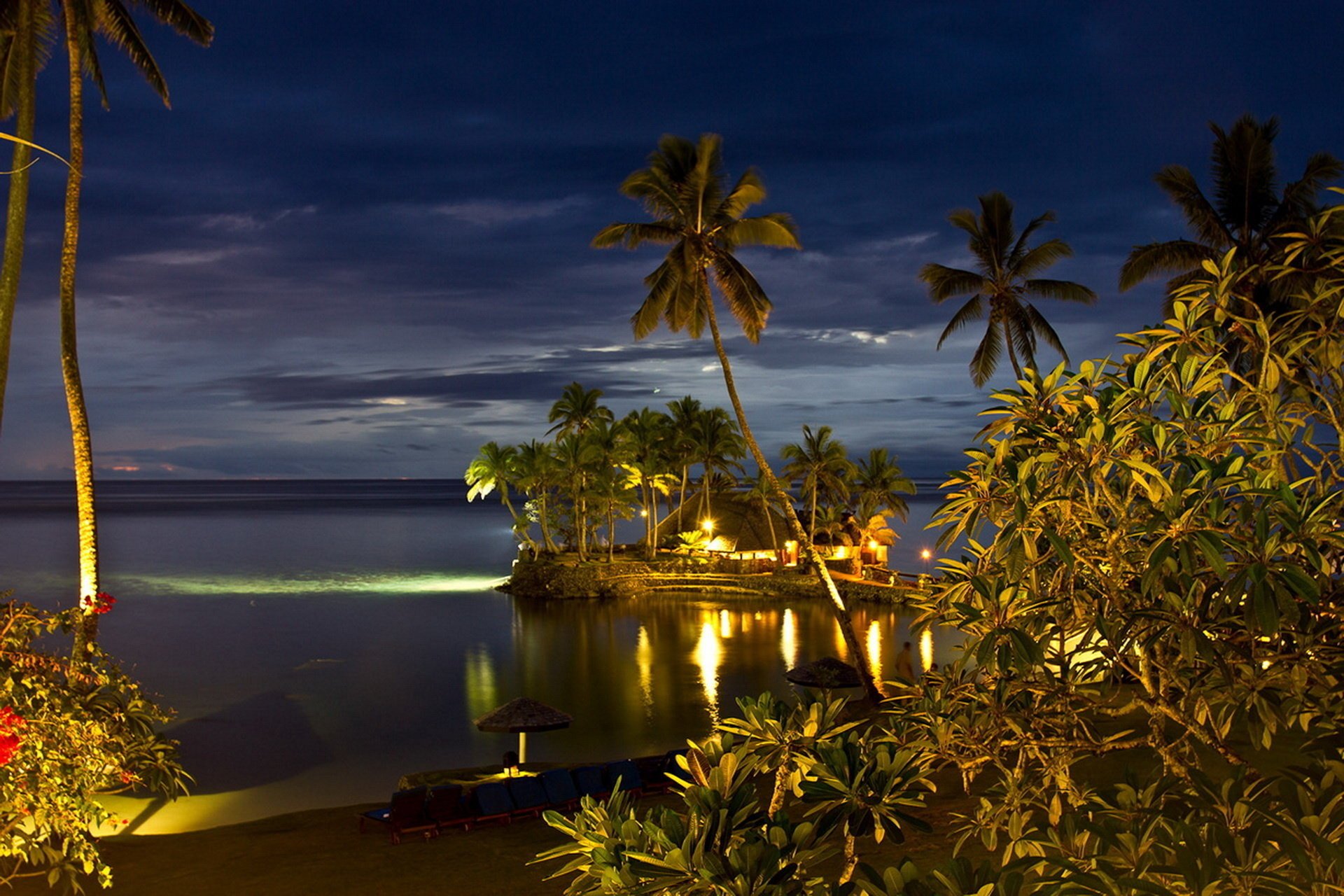 fiji resort the ocean coast palm trees lights the sky beauty