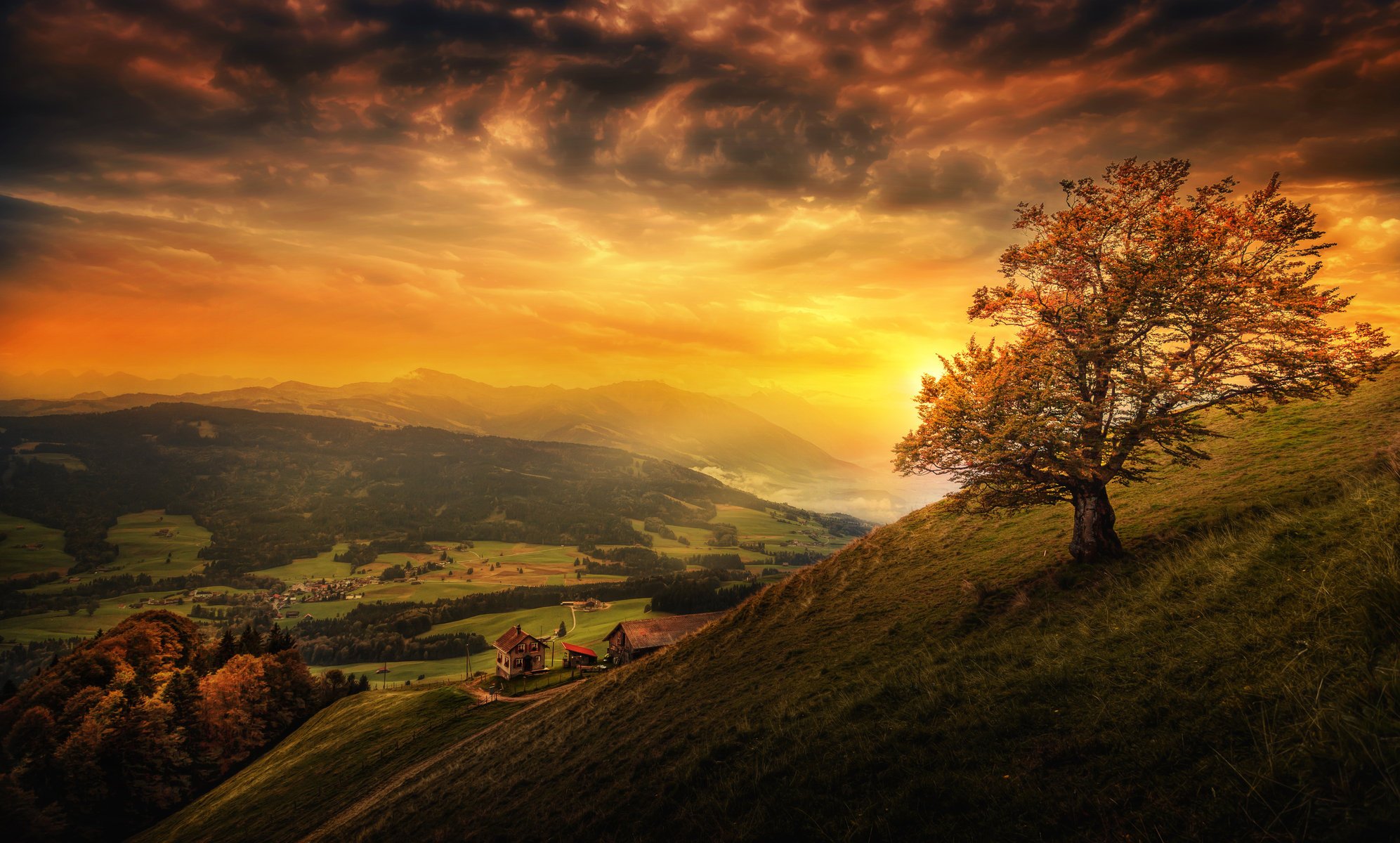 schweiz landschaft sonnenuntergang berge wiesen himmel bäume wolken