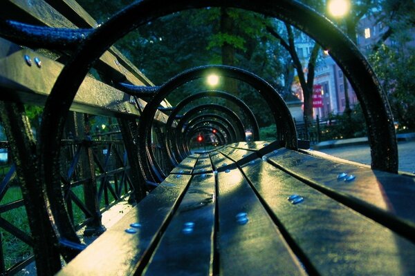 Park bench after the rain in the night city