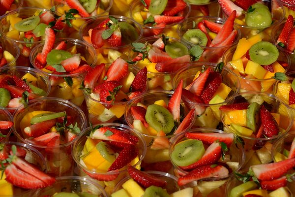 Fruit salad in cream bowls