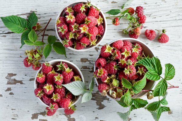 Framboises fraîches avec des feuilles dans des vases sur la table