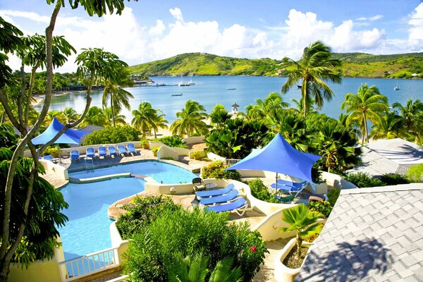 View of the hotel pool and azure bay