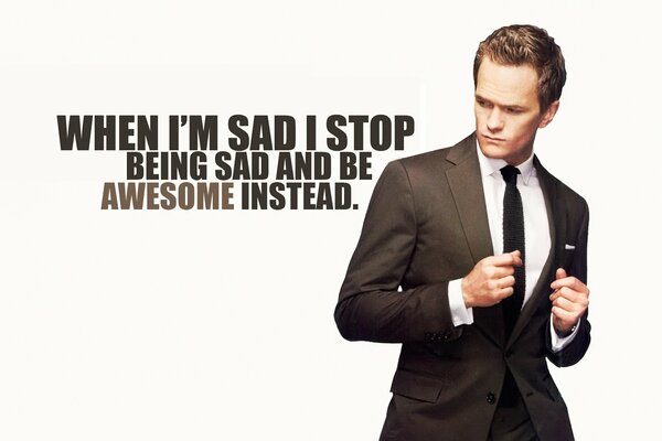 Barney Stinson en costume avec citation sur fond