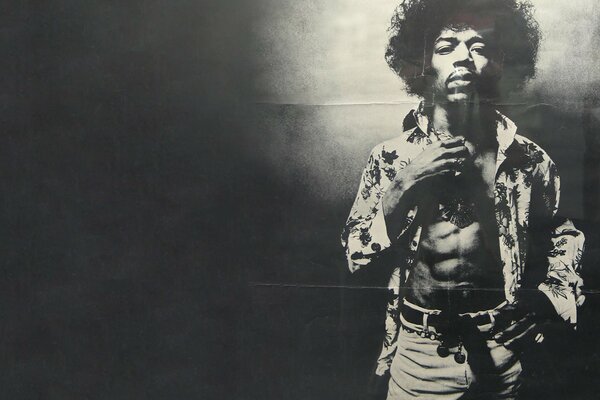 Black and white photo with the image of Jimi Hendrix