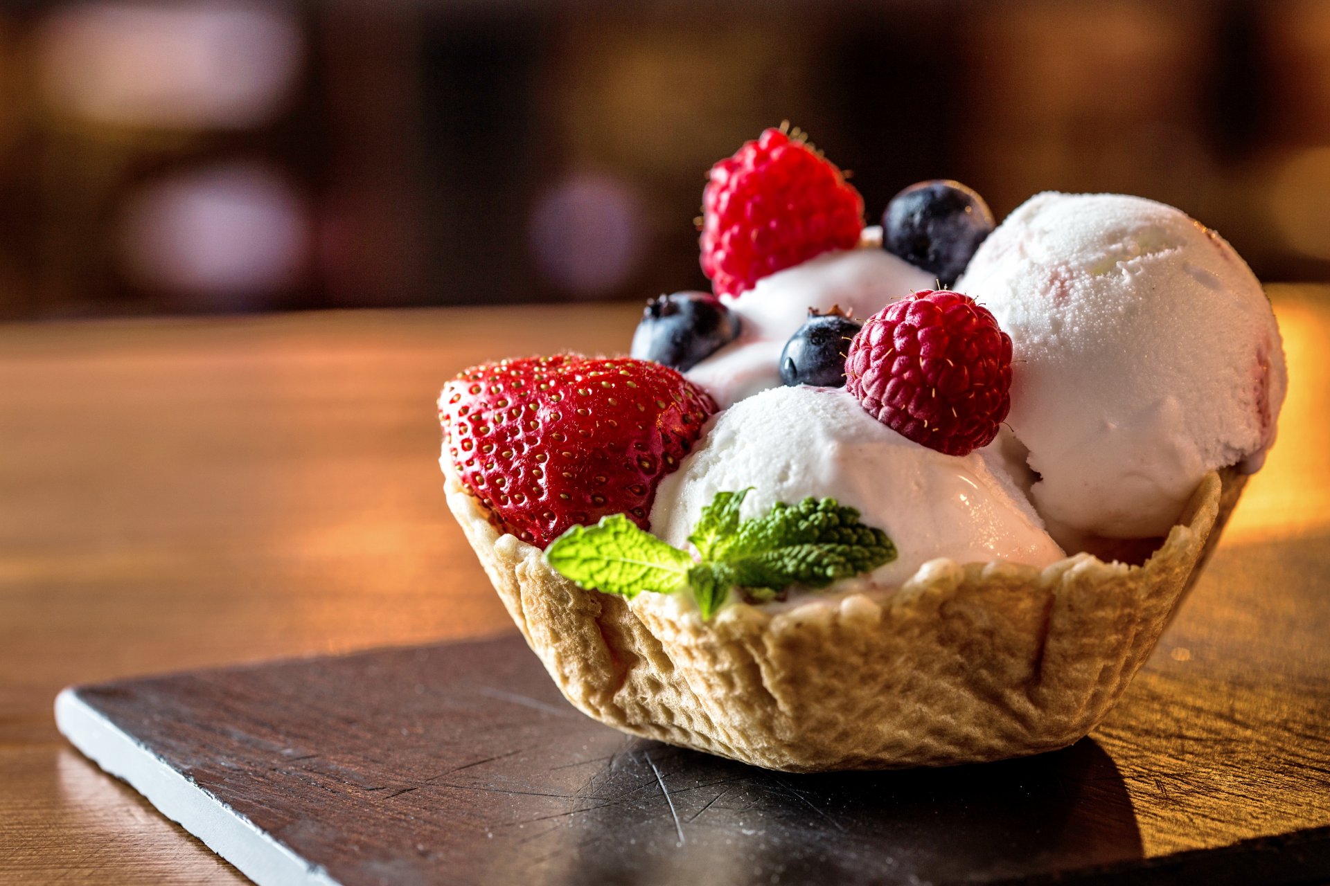 ice cream dessert delicious berries sweet raspberries strawberries blackberries basket waffle