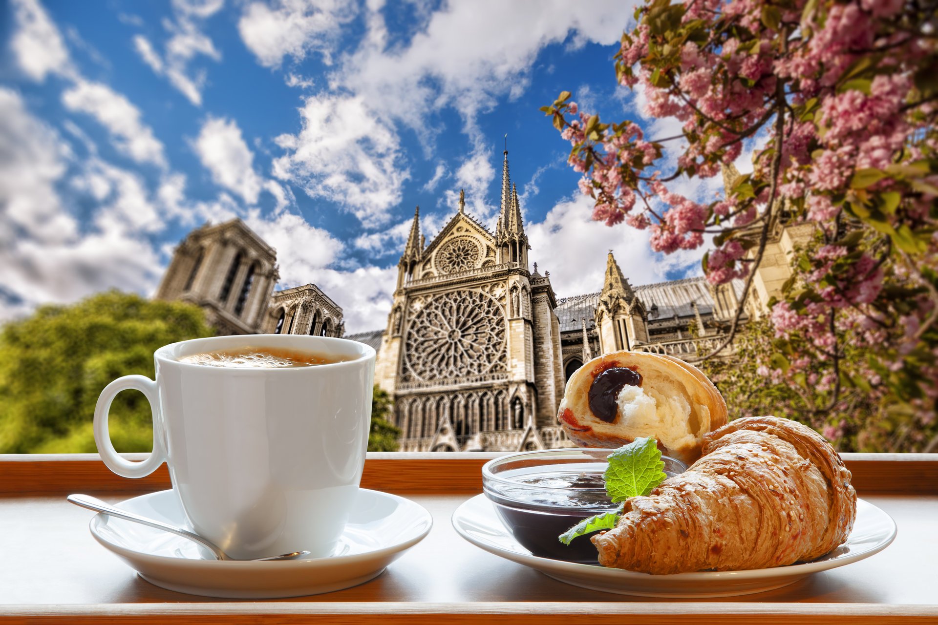 breakfast coffee cup paris france notre dame cathedral spring croissant jam notre dame