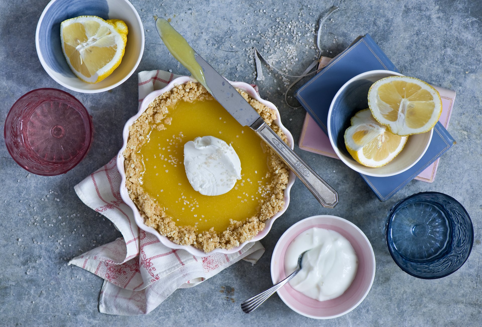 lemon cake cake lemons glasses knife