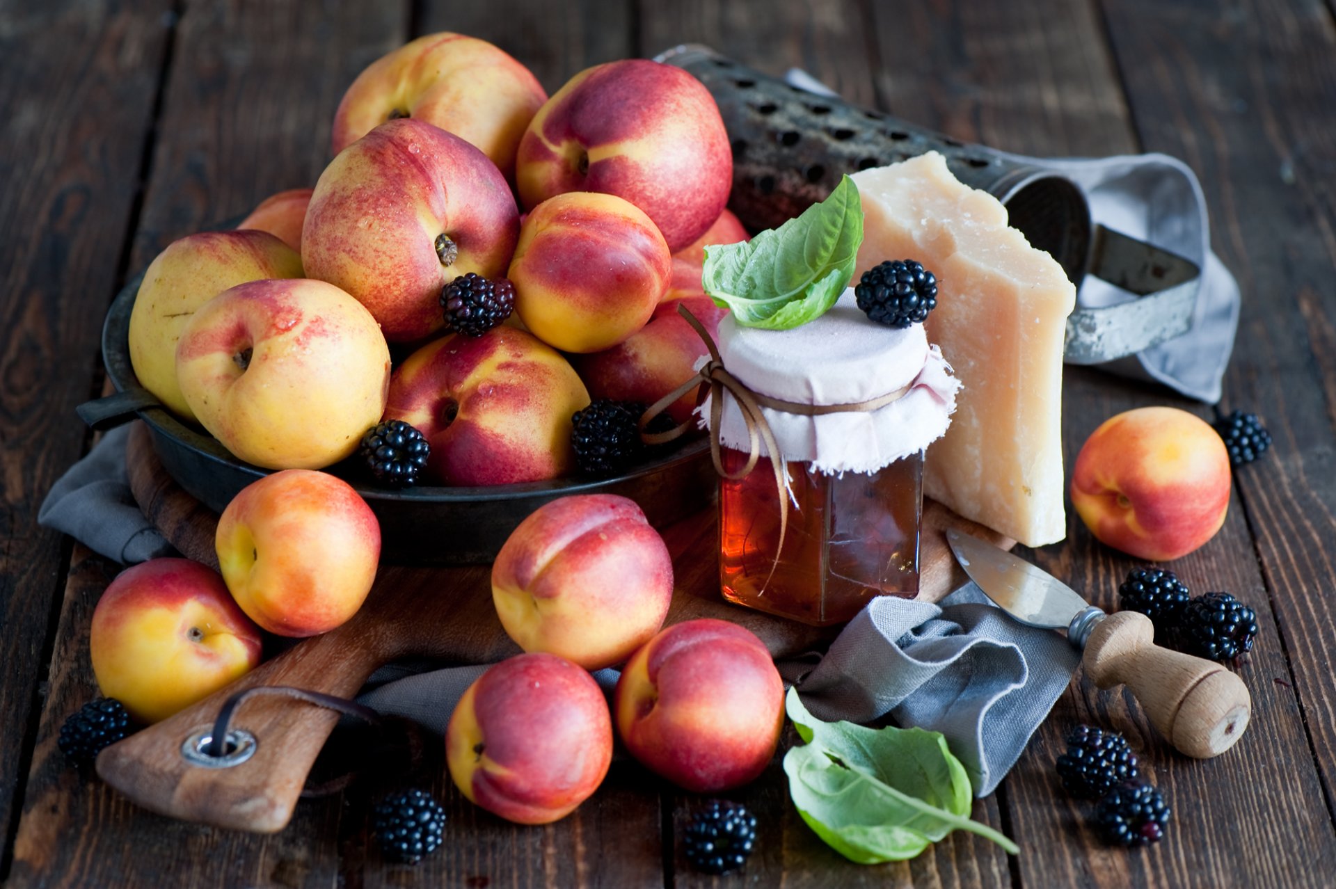 nectarine peaches fruits berries blackberry cheese honey jar leaves tableware board anna verdina