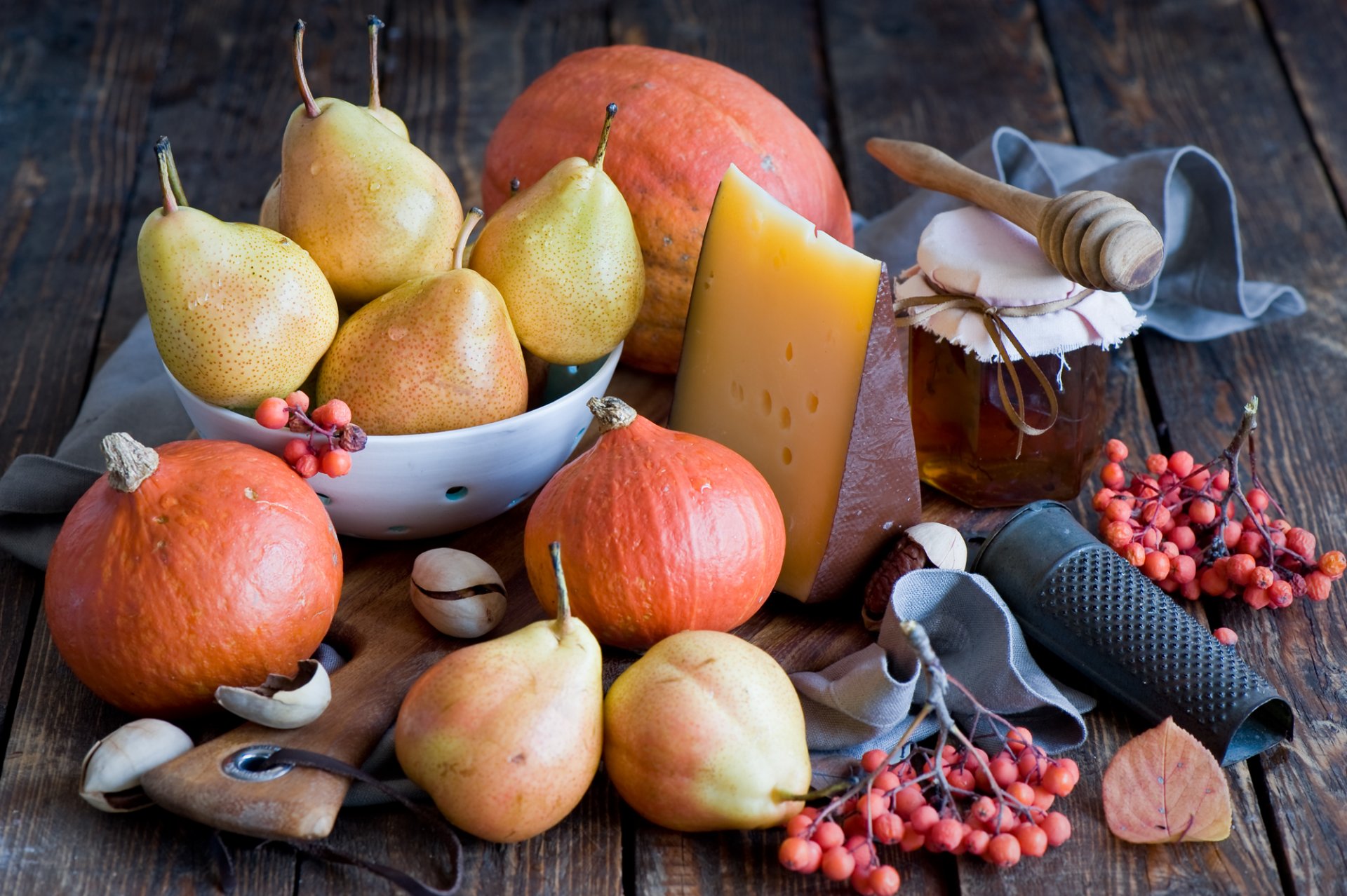 fruits berries vegetables pear pumpkin honey cheese still life