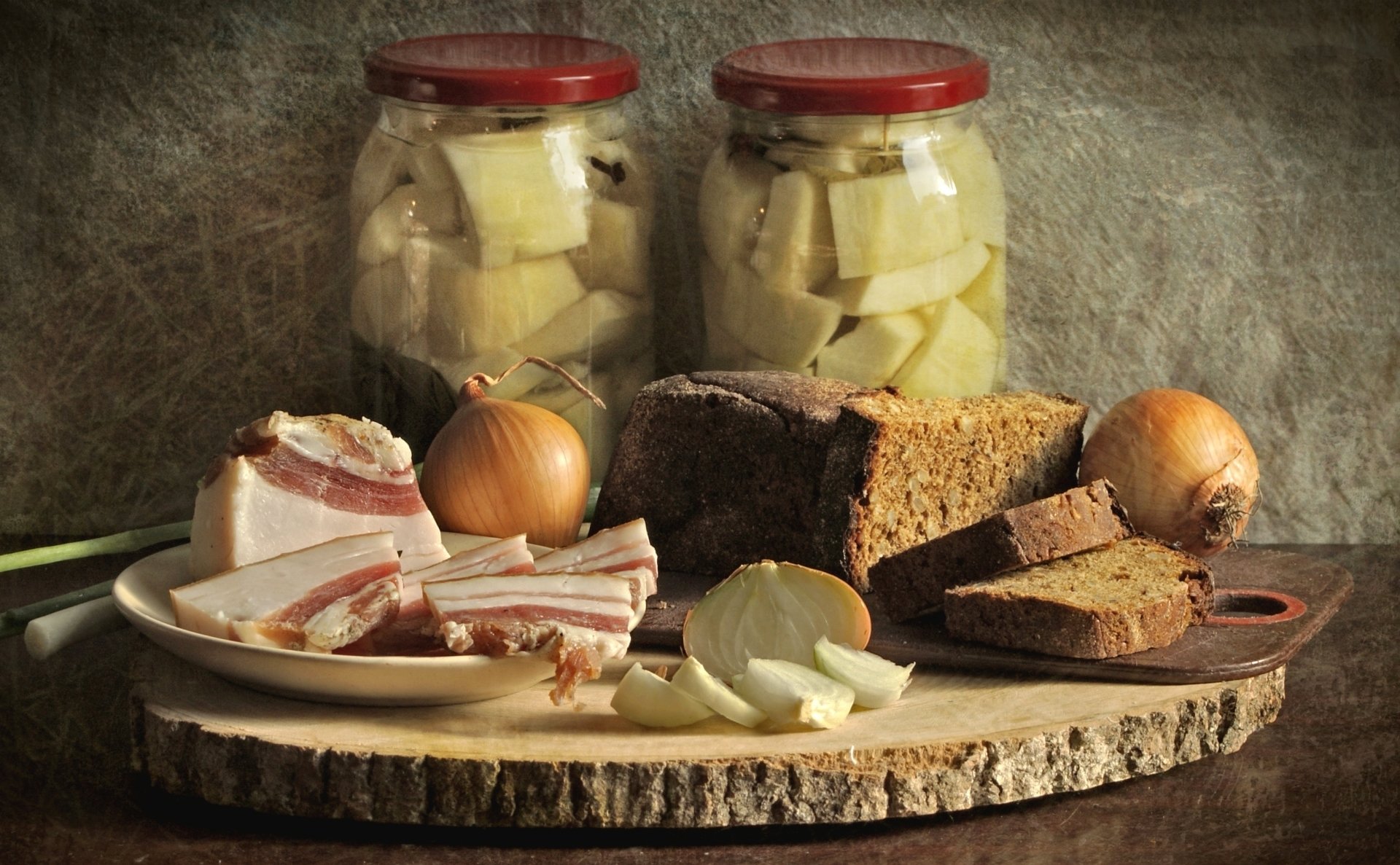 schmalz zwiebeln stillleben brot