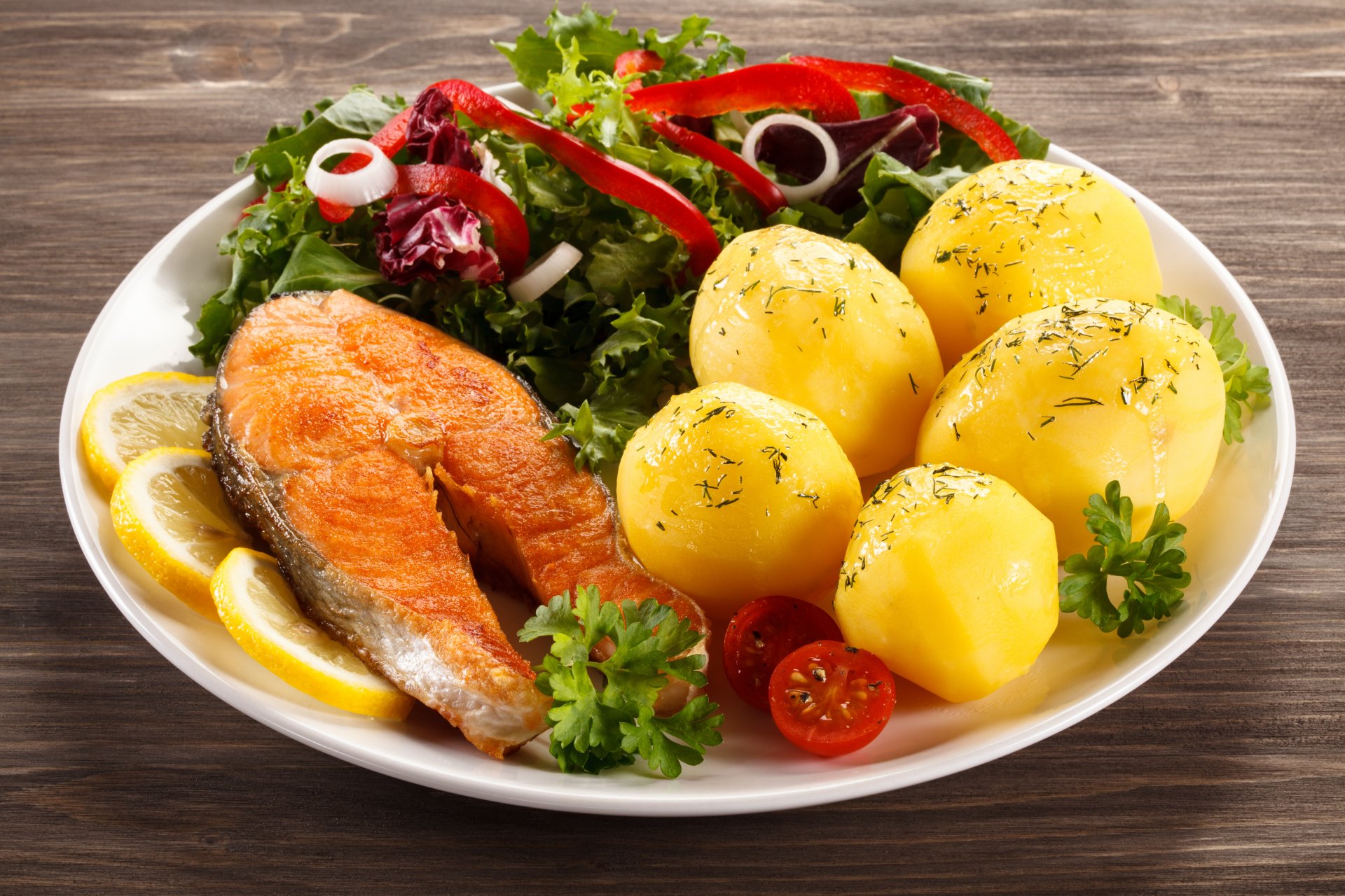 main dishes fish potatoes lemon lima vegetables dish food photo