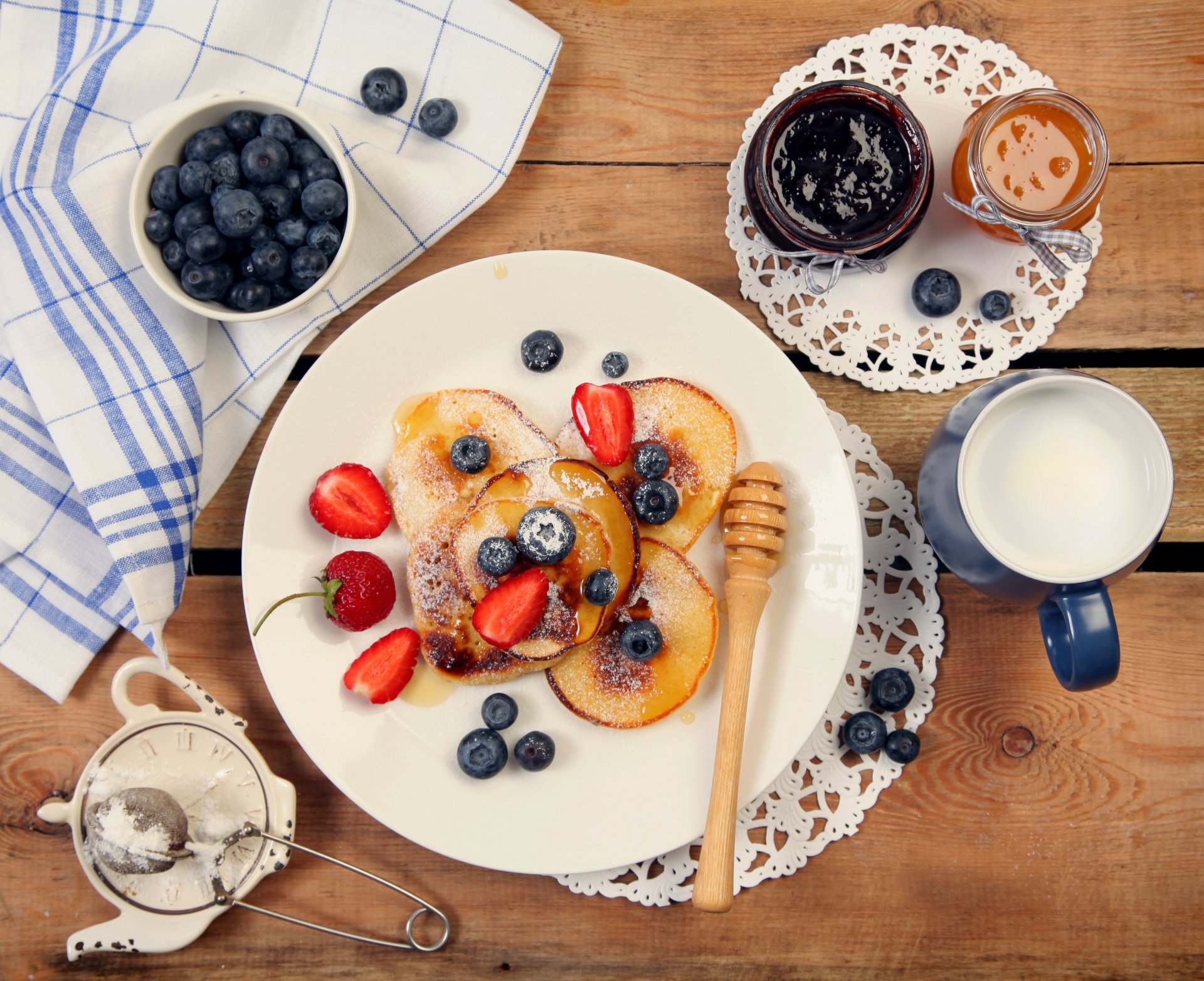 pancakes food blueberries strawberries milk dessert strawberry