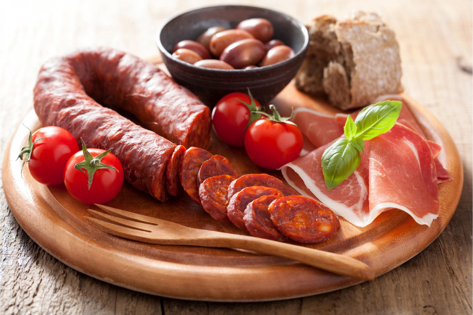 meat products sausage ham tomatoes food photo