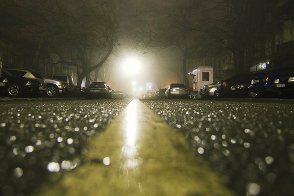 Die vom Scheinwerferlicht schimmernde Straße der Stadt der Ukraine