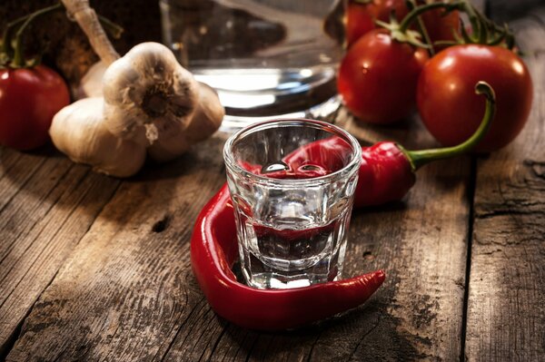 Natura morta con una pila di vodka, peperoni e pomodori