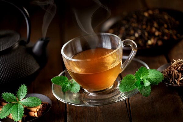 A cup of hot tea with mint