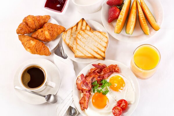 Healthy breakfast. Wallpaper of a delicious breakfast for one person. Food on a white background