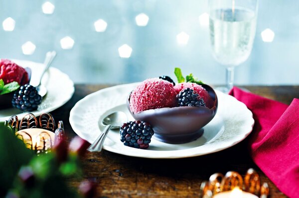 Dessert in a bowl of chocolate with ice cream and blackberries