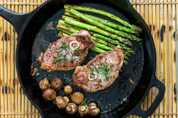 Pan-fried meat with asparagus and mushrooms