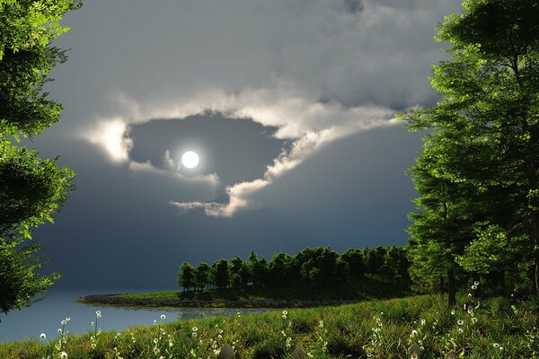 Full moon by the lake in a beautiful forest