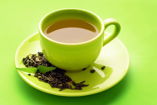 Tea in a green cup on a green background