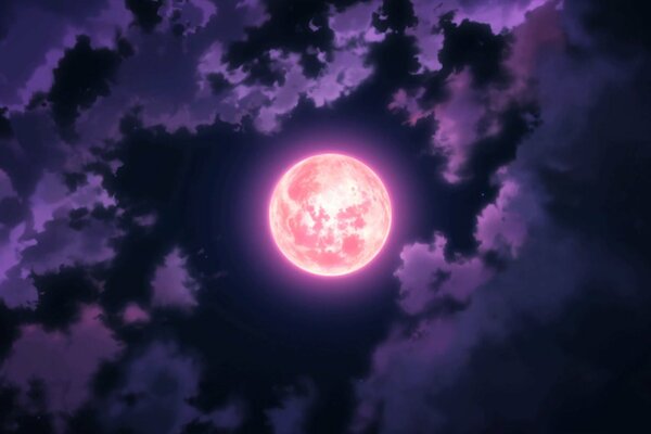 Red moon and purple clouds on a dark background