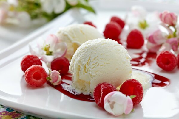 Delicious dessert of fresh berries and ice cream