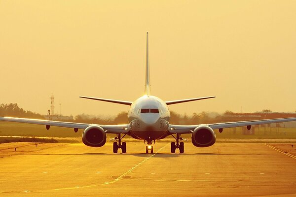 Runway with planes in orange light