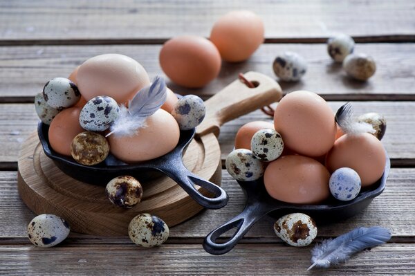 Codorniz y huevos de gallina en un plato