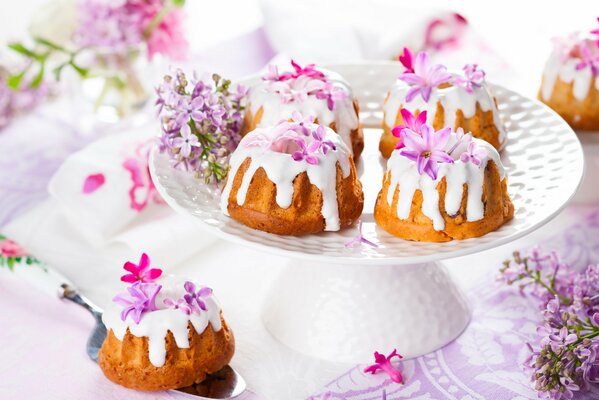 Dessert rum baba with a decor of spring flowers