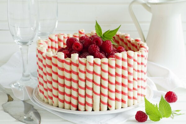 Birthday cake with fresh raspberries