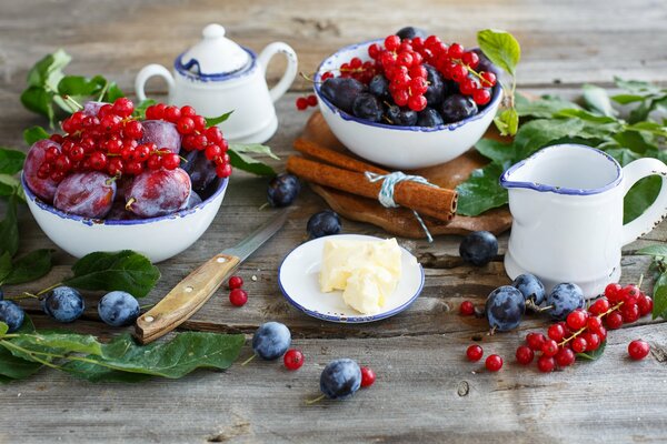 Pflaumenbeeren und rote Johannisbeeren in einem Teller