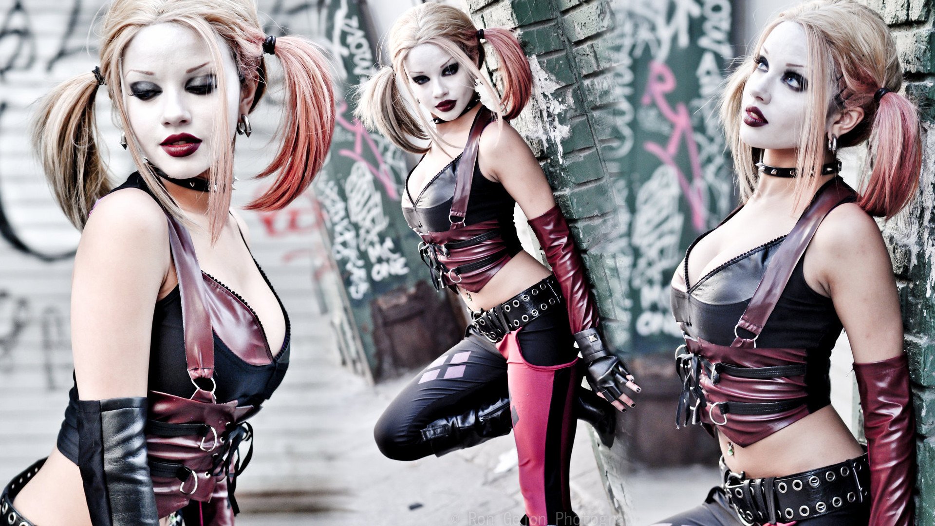 harley quinn batman dc cosplay chicas mujeres modelos rubias belleza sexy maquillaje dioses de la injusticia entre nosotros representan arkham city enfrentan guapo barriga piercing